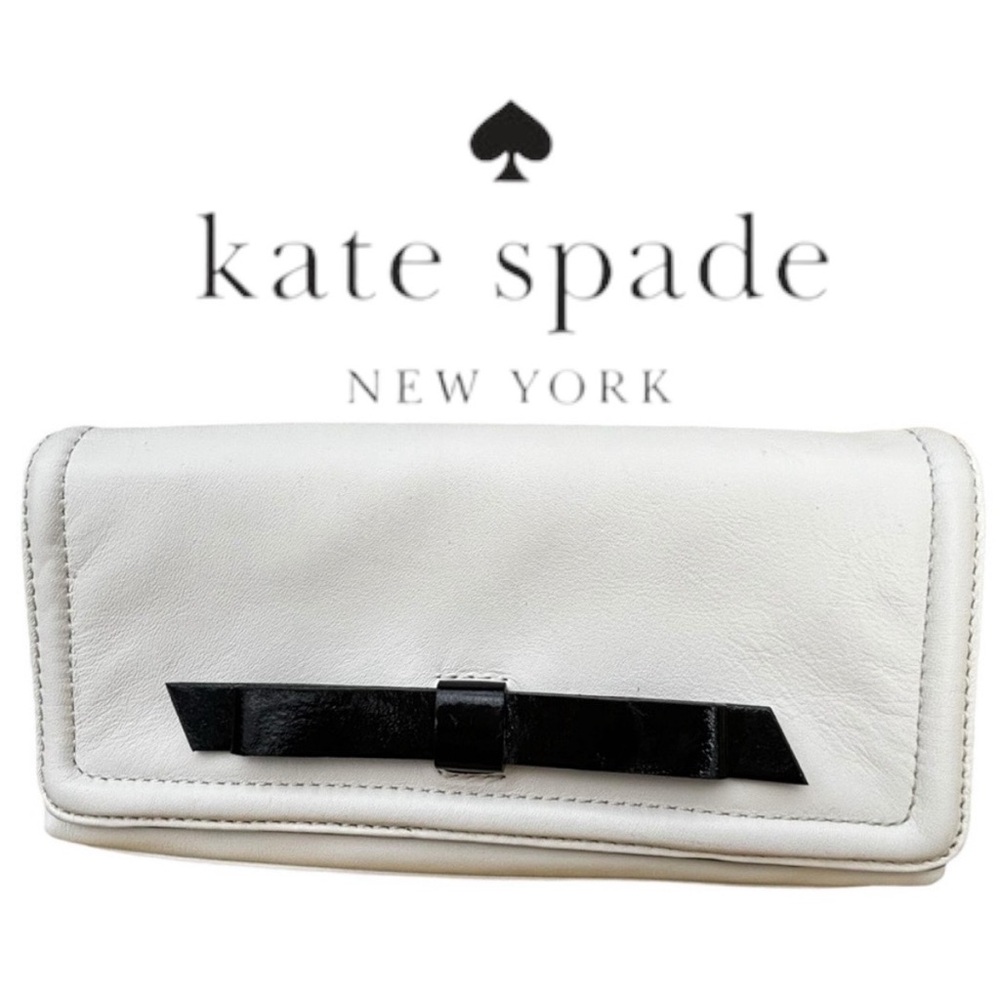 Kate Spade Rare Chelsea Leather w/Black Patent Bow Keira Wallet/Clutch-Cream